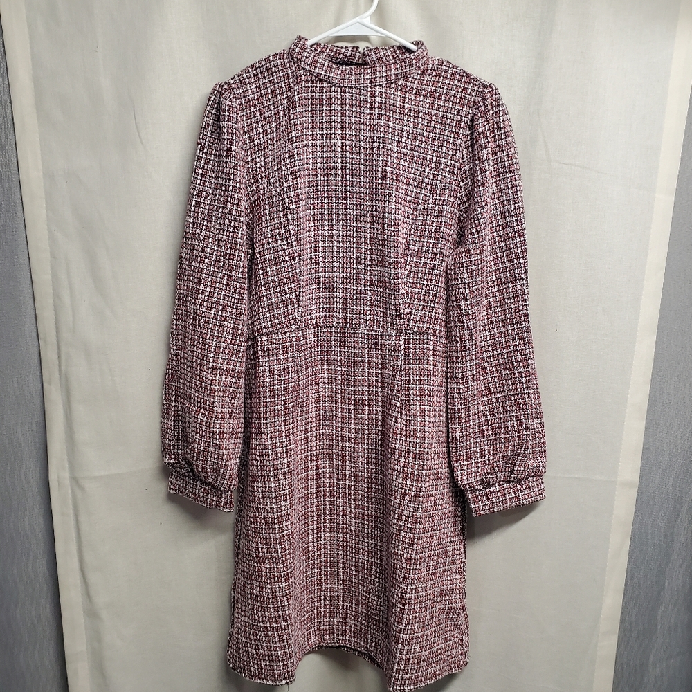 Long Sleeve Tweed Houndstooth Dress in Red, Black And White - Picture 1 of 7